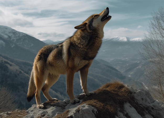 Portrait panoramique du loup rugissant sur la montagne ai générative