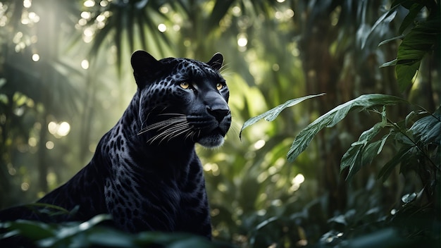 Portrait d'une panthère noire dans une jungle verte dense