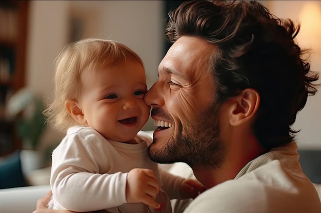 Portrait d'un papa aimant souriant avec un joli bébé heureux à la maison créé avec l'IA générative