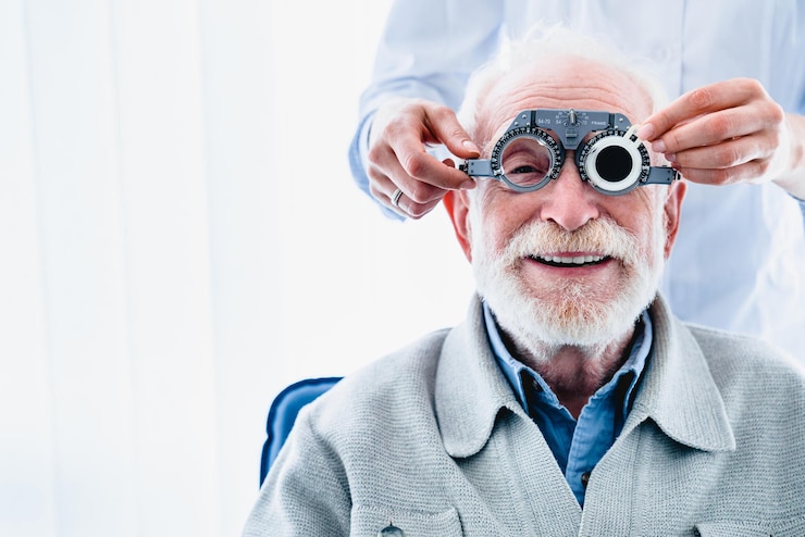 Photo portrait d'un patient mâle mature heureux subissant un examen de la vue avec des lunettes ophtalmiques spéciales