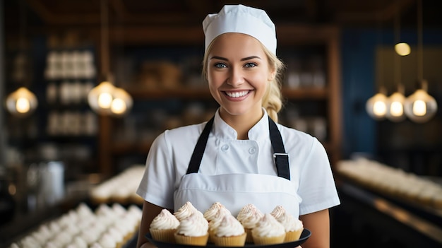 Portrait d'une pâtissière souriante tenant des cupcakes dans une boulangerie