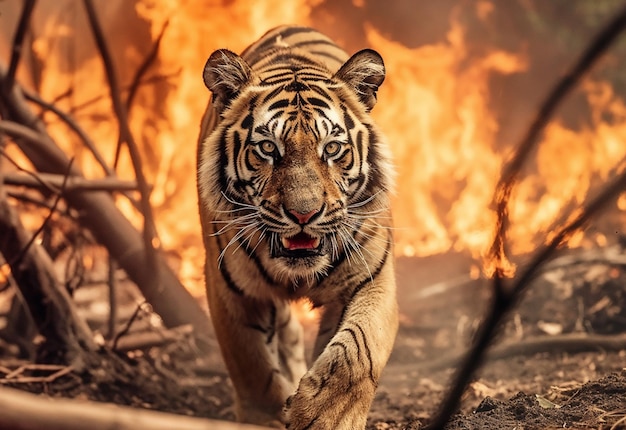 Un portrait de pauvre tigre a l'air triste et fou d'essayer d'attaquer une forêt en feu