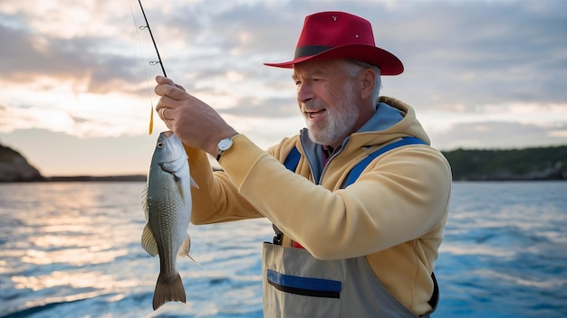 Portrait d'un pêcheur heureux portant un chapeau rouge, une veste jaune et une combinaison à la recherche d'une expression satisfaite