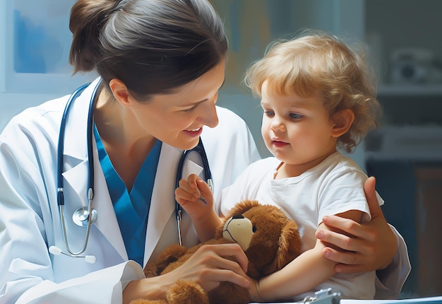 Portrait de pédiatres avec un stéthoscope vérifiant le bébé et tenant un ours en peluche