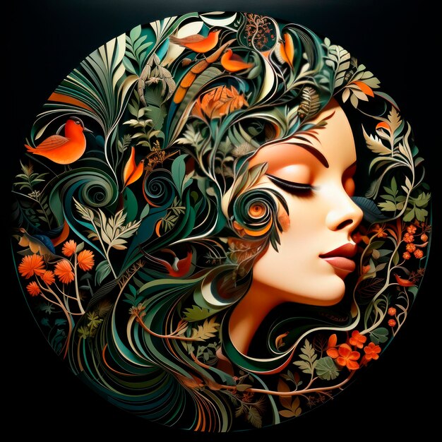 Portrait peint d'une belle fille avec des oiseaux et des fleurs dans les cheveux Illustration d'art numérique