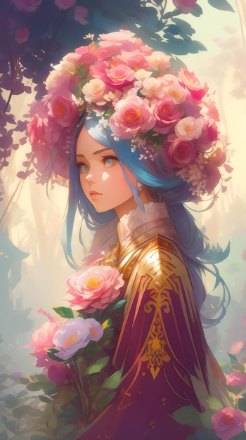 Portrait de peinture d'une belle dame avec la fleur rose