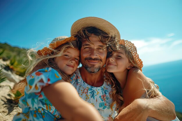Portrait d'un père latin et de ses filles prenant un selfie à l'extérieur un jour d'été AI générative