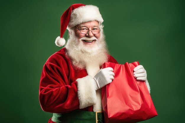 portrait d'un père Noël heureux et joyeux tenant un cadeau dans ses mains sur un fond de studio vert