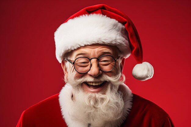 Portrait d'un Père Noël souriant avec un chapeau et une longue barbe blanche regardant l'arrière-plan rouge de la caméra