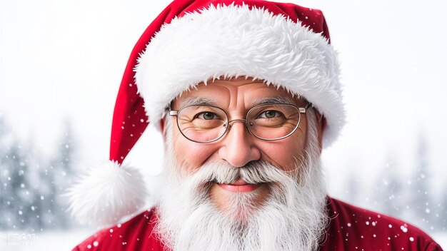 Portrait d'un Père Noël souriant avec un chapeau et une longue barbe blanche regardant la caméra contre un noir