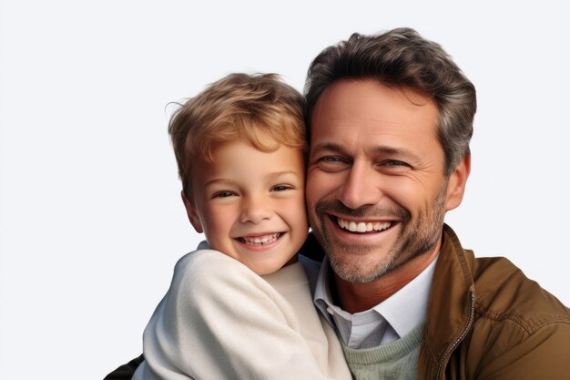 Portrait d'un père souriant et de son fils sur un fond blanc généré par Ai