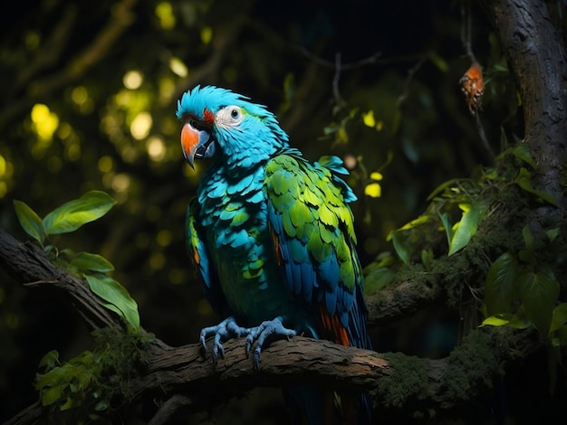 Un portrait d'un perroquet sur un arbre sous un éclairage bioluminescent