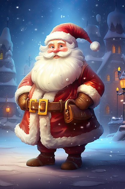 Portrait de personnage du Père Noël souriant avec une boîte à cadeaux illustration numérique verticale pour Noël