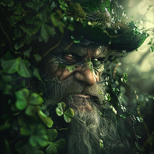Portrait d'un personnage leprechaun mystique entouré de nature et de végétation