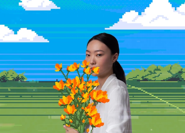 Portrait d'une personne asiatique avec effet de pixel art