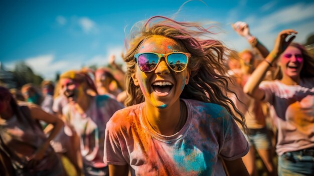 Portrait d'une personne indienne heureuse en couleur holi sur un t-shirt en coton blanc