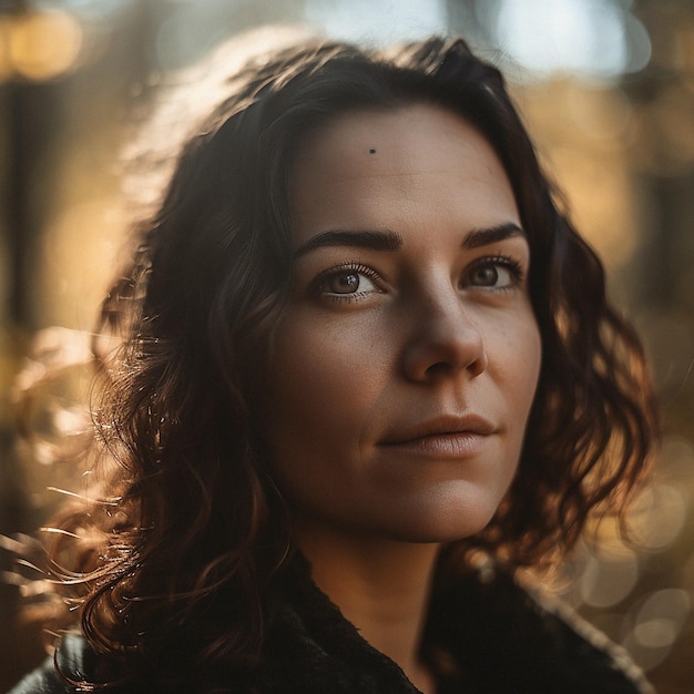 Portrait de personne réelle et gros plan d'une femme, d'une fille ou d'une femelle en plein air dans la nature ou dans une forêt