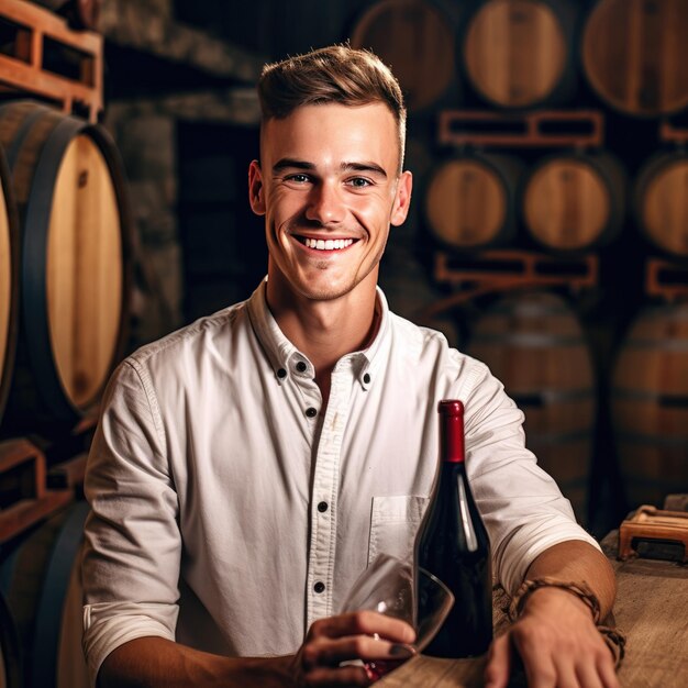 Photo portrait d'une personne travaillant dans une cave à vin et dégustant la production de vin concept de l'industrie du vin image créée avec l'ia