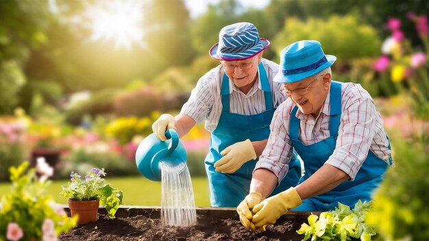 Photo portrait de personnes âgées en jardinage avec un chapeau