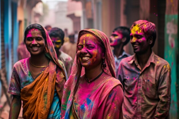 Portrait de personnes en poudre colorée sur la rue indienne du festival Holi