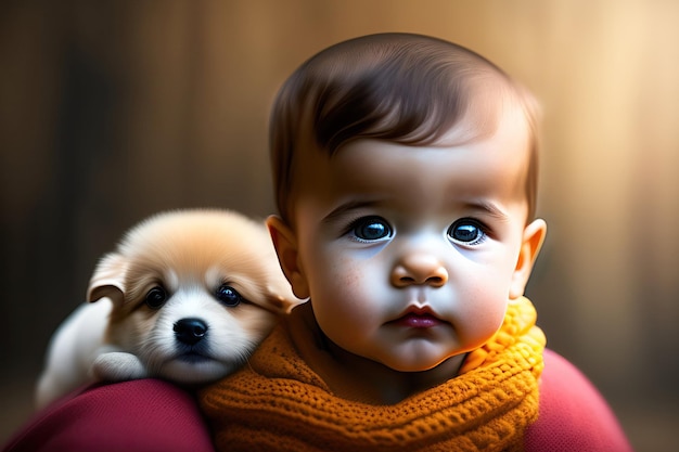 Portrait d'un petit bébé mignon avec chiot