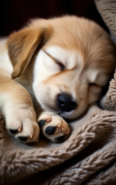 Un portrait d'un petit chiot qui s'assoupit avec ses pattes