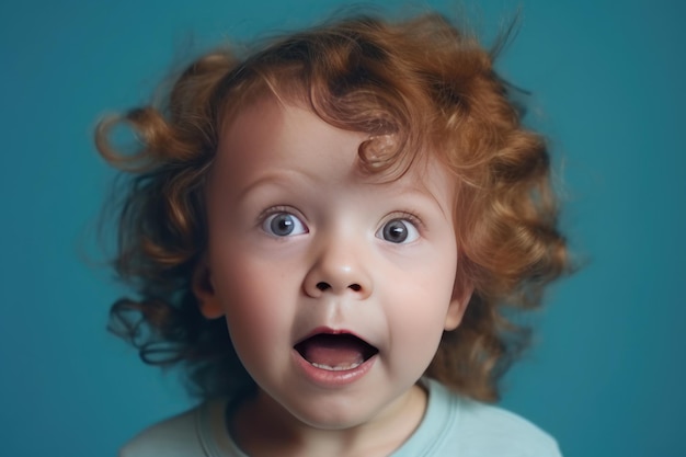 Portrait d'un petit garçon aux cheveux bouclés sur un fond bleu