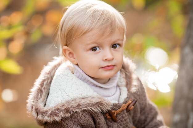 Portrait d'un petit garçon blond dans un pull en automne. photo de haute qualité