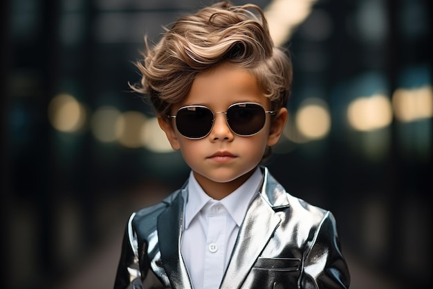 Portrait d'un petit garçon dans un costume brillant et des lunettes de soleil