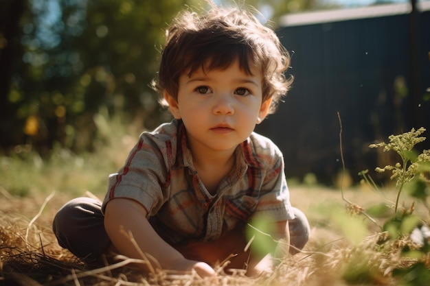 Portrait d'un petit garçon jouant dehors par une journée ensoleillée créé avec une IA générative
