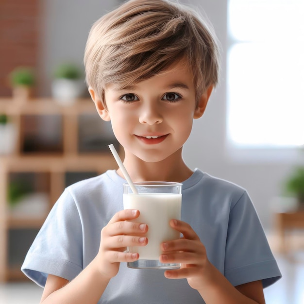 Portrait d'un petit garçon mignon tenant un verre de lait