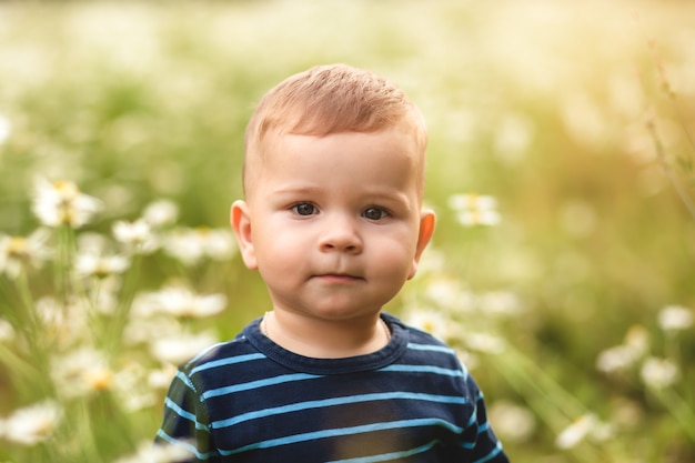 portrait d'un petit garçon parmi les fleurs