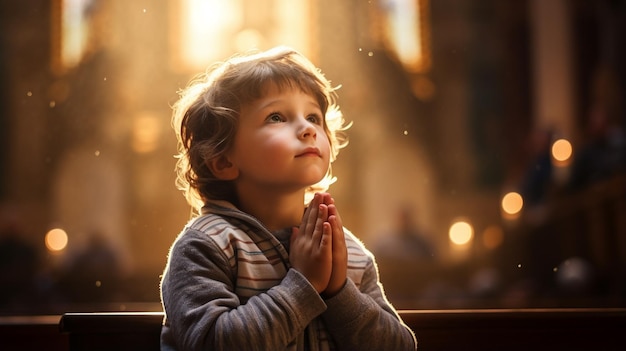 Photo portrait d'un petit garçon avec une prière dans les mains