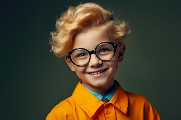 Portrait d'un petit garçon souriant avec des lunettes sur un fond sombre