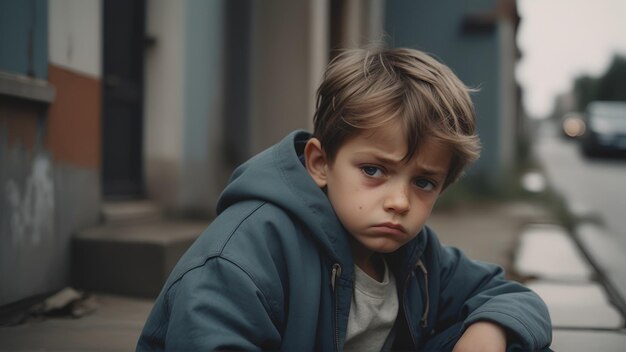 Portrait de petit garçon triste stressé à l'extérieur