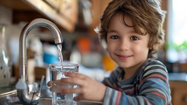 Portrait d'un petit garçon versant de l'eau du robinet dans un verre avec un grand espace pour le texte ou le produit IA générative