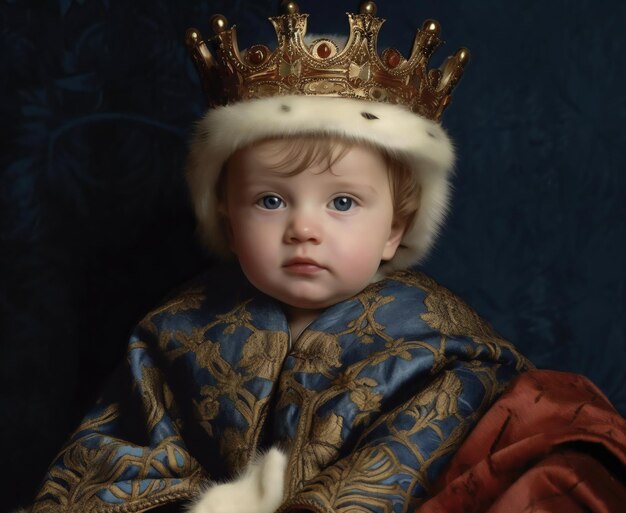 Portrait d'un petit prince dans une couronne d'or sur un fond bleu