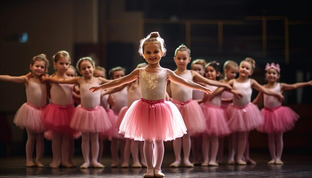 Portrait d'une petite ballerine mignonne et fière en costume de ballet rose et chaussures de pointe danse