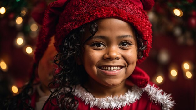 Portrait d'une petite fille afro-américaine portant un chapeau de Père Noël