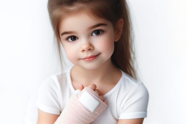 Portrait d'une petite fille avec un bandage blanc sur la main isolée sur fond blanc uni générative ai