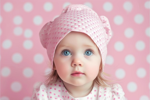 Portrait d'une petite fille sur un fond rose avec des cercles blancs