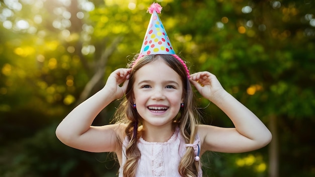 Portrait d'une petite fille heureuse dans un chapeau d'anniversaire