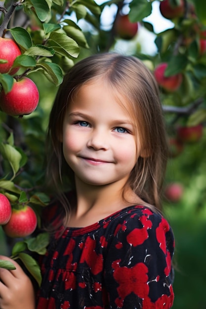 Portrait d'une petite fille heureuse posant devant un pommier