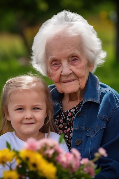 Photo portrait d'une petite fille heureuse profitant d'une journée en plein air avec sa grand-mère