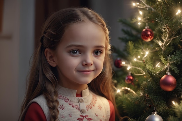 portrait d'une petite fille mignonne dans un arbre de Noëlportrait d'une petite fille dans un intérieur de Noël