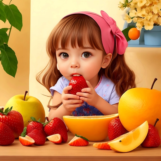 Portrait d'une petite fille mignonne mangeant beaucoup de fruits