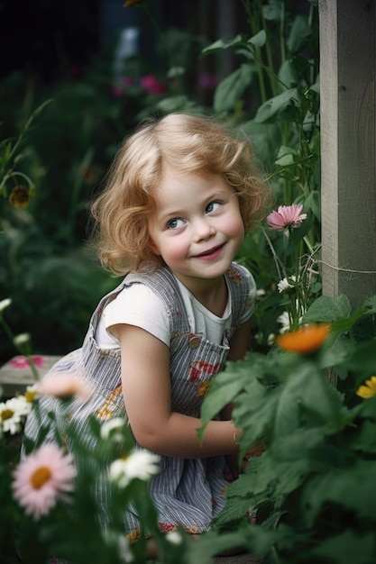 Portrait d'une petite fille qui s'amuse dans le jardin