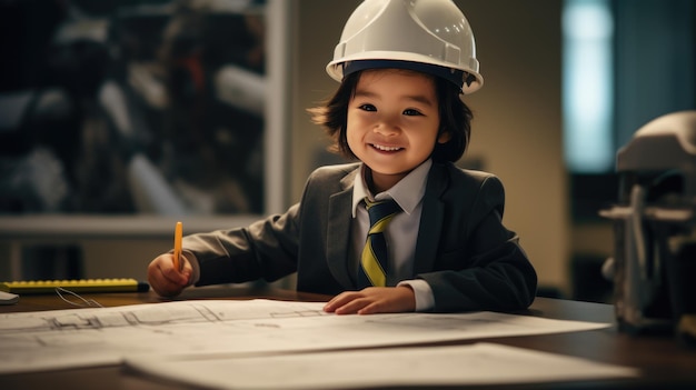 Portrait d'une petite fille ressemblant à un ingénieur ou à un architecte portant un casque avec des dessins sur une table