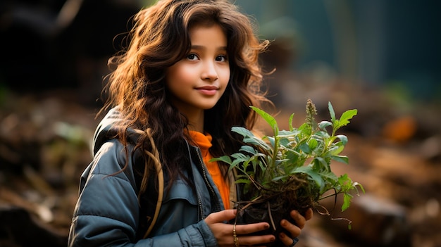 Photo portrait d'une petite fille avec un sac à dos dans la forêt