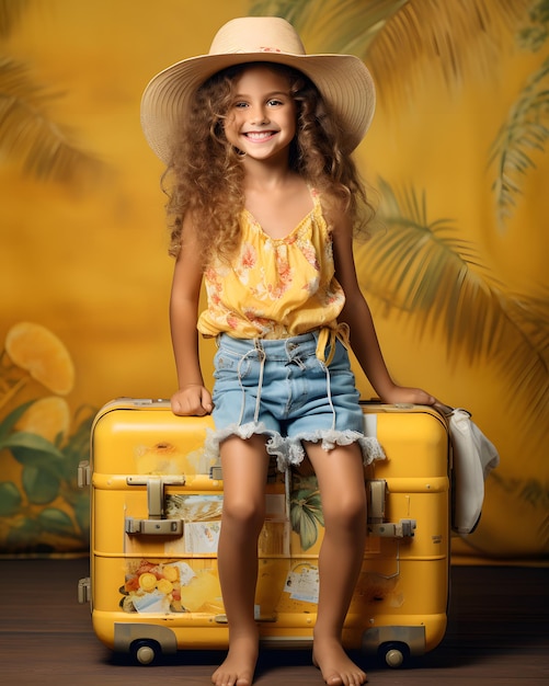 portrait d'une petite fille avec un sac de voyage sur le fond du studio